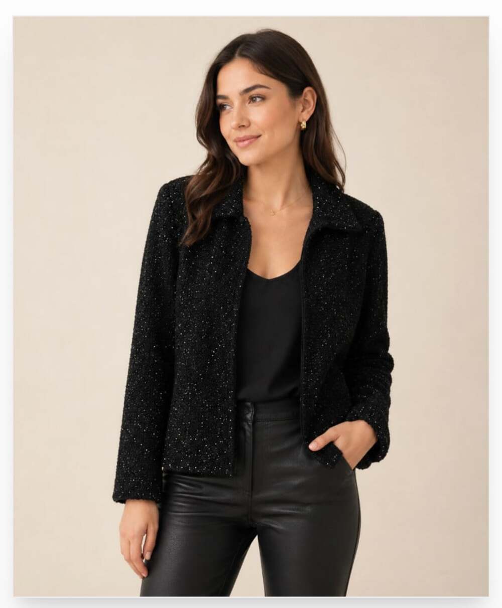 Cache Jacket Womens Large Black Beaded Knit Open Front Lined Party Cocktail